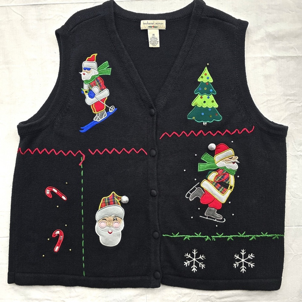 Vintage Bechamel Woman 2X Christmas Sweater Ugly Vest Santa Embroidered Granny